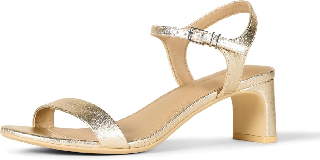 Amazon Essentials Women's Ankle Strap Low Heel (12, Metallic Gold Faux Snake)