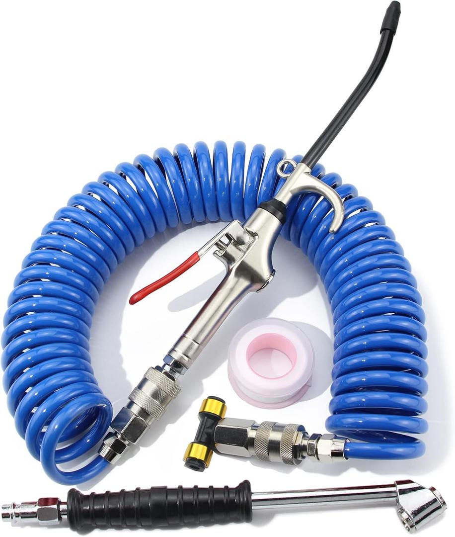 Air Blow Gun Kit Heavy Duty Air Seat Blow Gun Kit for Semi Truck Air Hose with 30FT Long Coil and Extended Dual Head Tire Air Chuck Blue