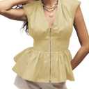 Women's Casual V Neck Shirt Front Zip Cap Sleeves Tank Tops Pleated Waist Flared Blouse (S)