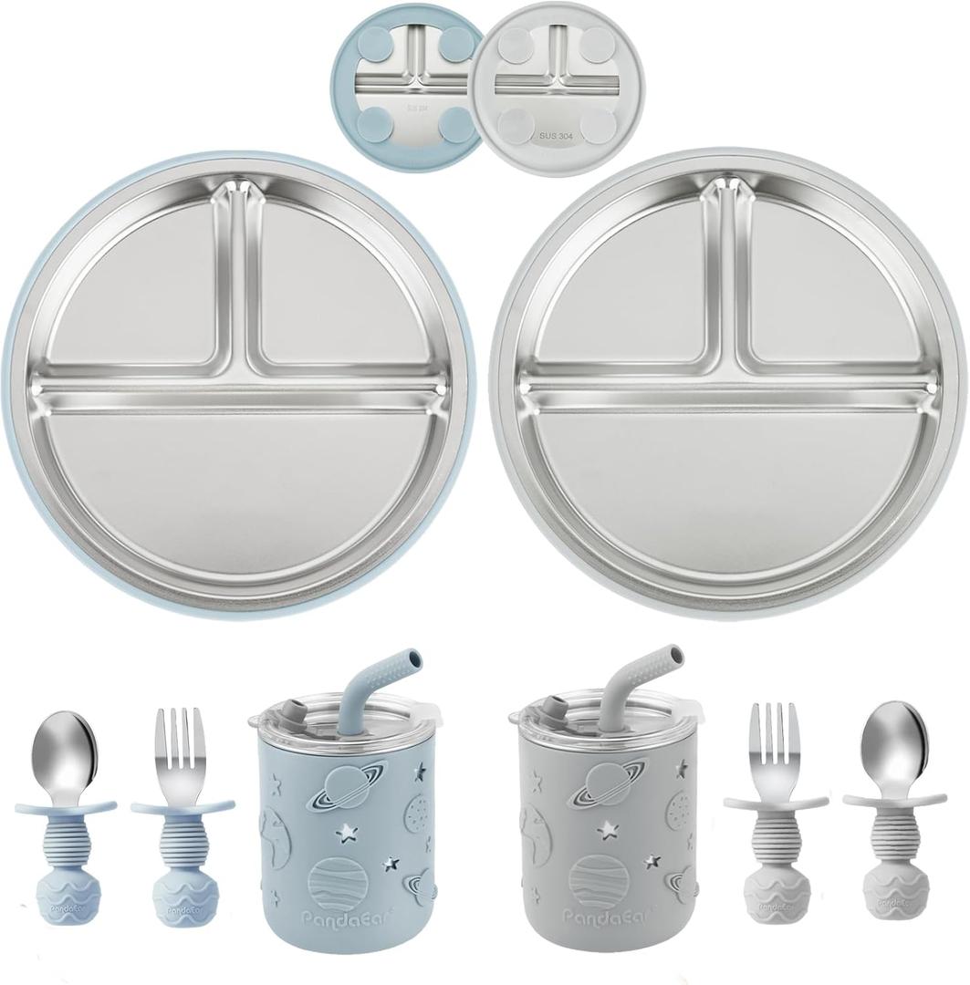 3 x PandaEar Stainless Steel Baby Feeding Set | 2 Divided Suction Plates, 2 Spill-Proof Straw Cups with Silicone Sleeves, 2 Forks & 2 Spoons | Toddler Utensils for Baby Led Weaning, BPA-Free (Blue & Grey)