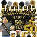 Trgowaul 50th Birthday Decorations for Men Women, 22pcs Black Gold Birthday Party Supplies, Banner, Hanging Swirl Flag, 50th Sash&Pompoms, Balloons, 50 Year Old Party Decorations Set