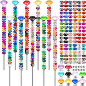230 Pcs Beaded Garden Stakes, DIY Fairy Wand Garden Stake Beads Kits with 200 Colorful Assortment Round Large Hole Beads with 10 Crystal Stopper Top, 10 Threaded Rod and 10 Nuts for Outdoor Decoration (10 IN Diamonds)