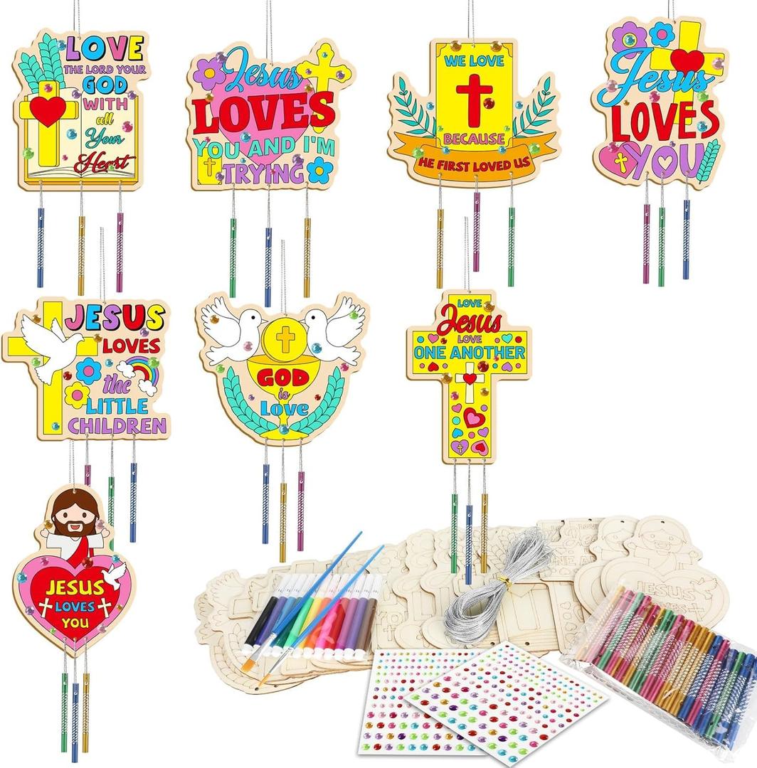 16 Pack Easter Jesus Loves Me Crafts for Kids Wooden Religious Wind Chime Crafts Kits Make Your Own Christian Crafts Wooden DIY Arts for Party School Classroom Decorations Supplies Birthday Favors