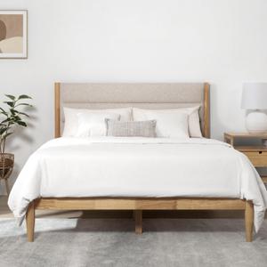 KISLOT Wood Bed Frame with Headboard Upholstered Platform Mattress Foundation,Strong Wooden Slat Support,No Box Spring Needed (Queen, Oat)