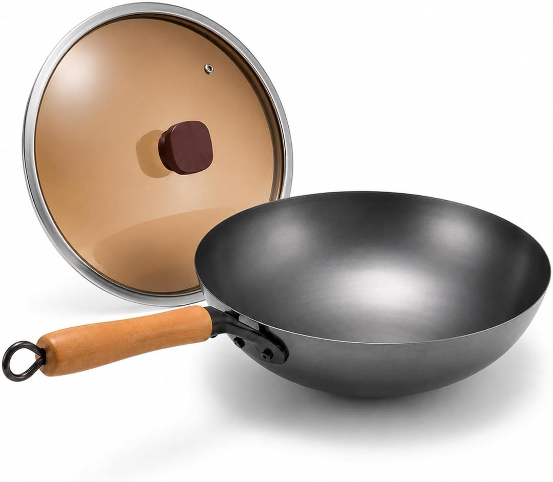 Calmabode 12" Round Bottom Carbon Steel Wok with Glass Lid | Traditional Chinese round-bottom wok for Gas Stoves, Nitrided Carbon Steel, Glass Lid, Ideal for Wok Hei and Stir-Fry