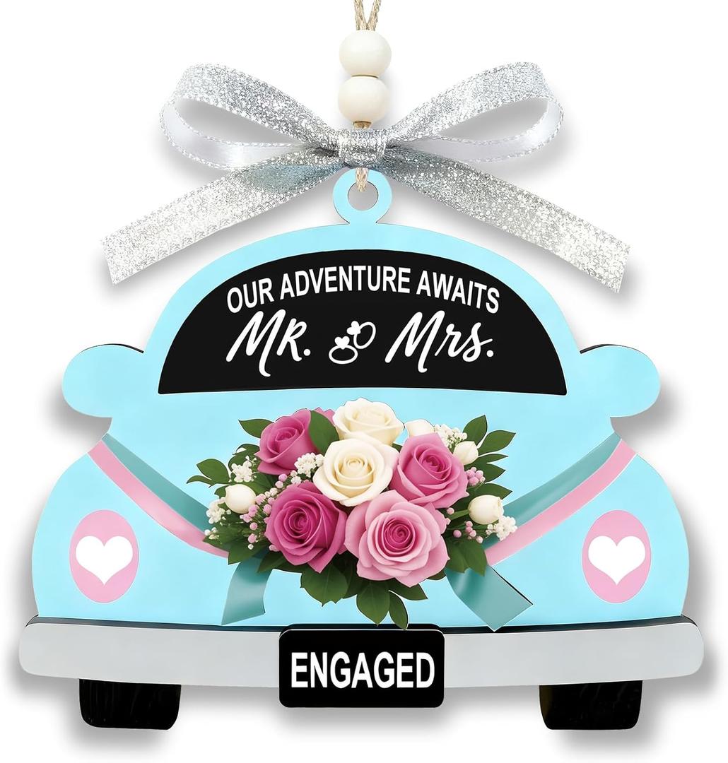 3 x Valentines Day Engagement Gift for Couples  Our Adventure Awaits Wooden Car Hanging Ornament, Just Engaged Keepsake for Future Mr & Mrs, Romantic Bride to Be Gift (Blue)