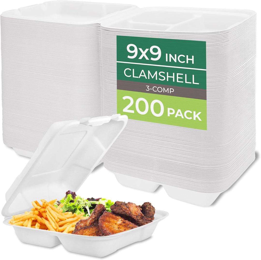 Freshware Clamshell Food Containers with Lids [9x9] 3-Compartment 200-Pack, Disposable To Go Containers, Biodegradable Sugarcane To Go Boxes - Paper Containers - Microwave & Freezer Safe, Stackable