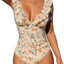 Women's Ruffled One Piece Swimsuit V Neck Lace Up S Orange Ditsy Print