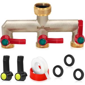 Boltigen 3 Way Hose Splitter Heavy Duty, 3/4-Inch GHT Garden Hose Splitter with 3 Extension Handles, Outdoor Faucet Splitter Connector, Brass Nickel Plated Water Spigot Hose Bib Splitter for Home
