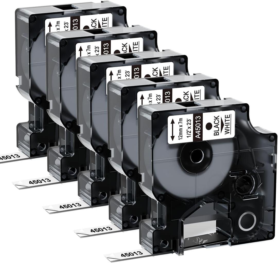 45013 Replace for DYMO D1 Label Tape 1/2 Inch x 23Ft A45013 Black on White 45013s S0720530 Label Maker Refills Compatible with Dymo Labelmanager 160 LM 280 210D 360D 420P, 5-Pack