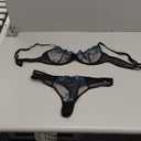 Lilosy Sexy Floral Embroidered Flower Mesh Underwire Push Up Lingerie Set (Large, Black and Blue)