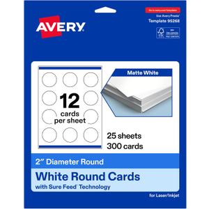 Avery Printable Round Cards, Sure Feed Technology, 2" Diameter, Matte White Cardstock, Print-to-the-Edge, Laser/Inkjet Cards, 300 Total