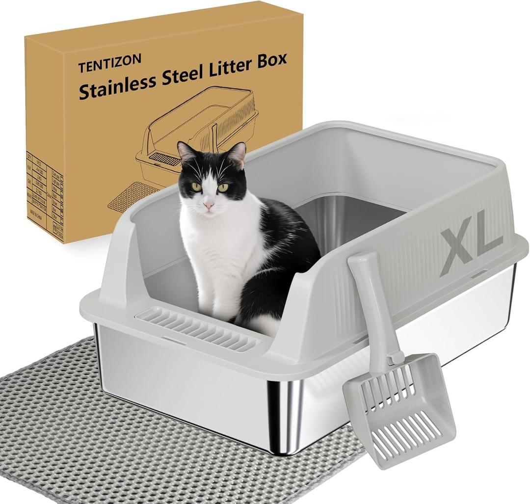 TENTIZON 2 Pack Large Stainless Steel Cat Litter Boxes, Open Top Metal Kitty Litter Tray with High Sides, Litter Mat, Scoop for Indoor Cats, Kitten,Big Cats, No Odor, No Mess, Leak Proof, Easy Clean