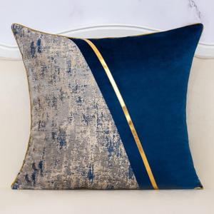 Alerfa 20 x 20 Inch Navy Blue Beige Gold Leather Patchwork Velvet & Polyester Cushion Case Luxury Modern Square Throw Pillow Cover Decorative Pillow for Couch Sofa Living Room Bedroom Car 50 x 50cm