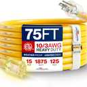 75ft Outdoor/Indoor Extension Cord 10/3 Gauge Ultra Heavy Duty 3 Prong SJTW, Waterproof, ETL Listed, Flexible Cold-Resistant Long Power Cord,15A 125V 1875W, Yellow by LifeSupplyUSA