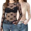 Women's Lace Tops Mesh Sheer Long Sleeve See Through Undershirt (XL)