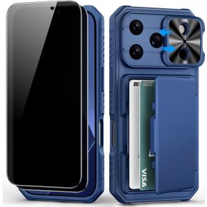BXYJY for iPhone 17 Pro Wallet Case2 Privacy Screen Protectors, Card Holder (4-5 Cards), Slide Camera Cover, Military Grade Shockproof, Rugged Heavy Duty Men Women Phone Case for iPhone 17Pro, Blue
