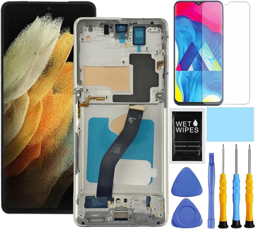 AMOLED for Samsung Galaxy S21 Ultra 5G Screen Replacement with Frame for Samsung S21 Ultra Screen Replacement kit SM-G998u G998a G998w LCD Touch Display digitizer with Tools Silver