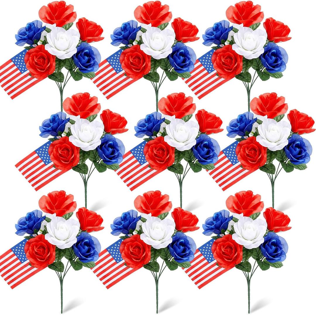 9 Pcs Patriotic Artificial Flowers Red White Blue Silk Roses with American Flags 4th of July Independence Day Decorations 250th Anniversary Party Centerpieces for Vase(Roses)