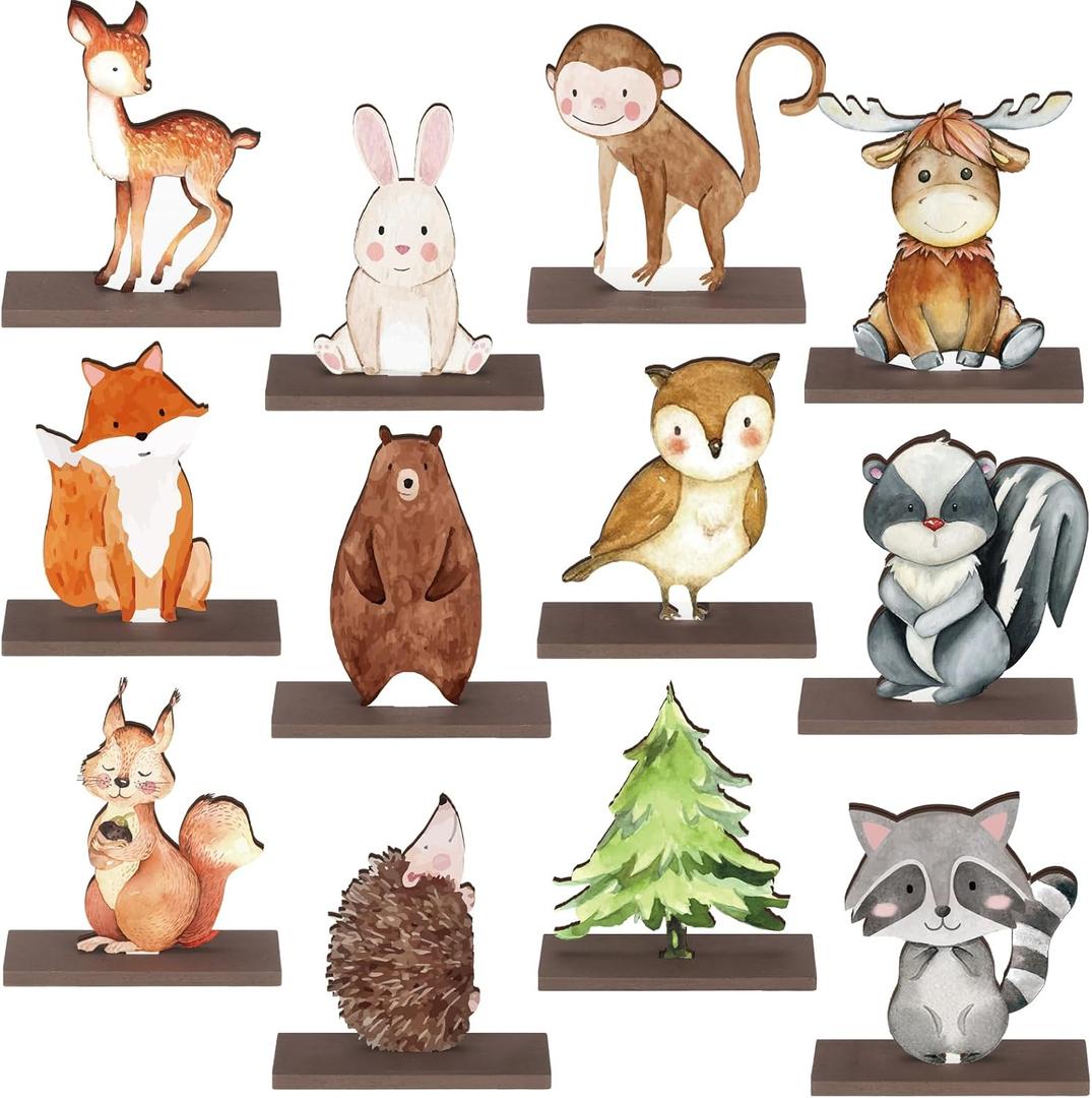 Yaomiao 12 Pcs Woodland Animal Wooden Table Centerpiece Cutout Shapes Forest Painted Baby Shower Decorations Wild Creatures Wood Table Sign for Forest Camp Birthday Party Supplies