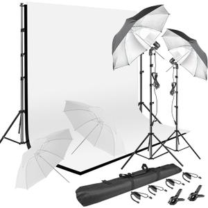 Photography Umbrella Lighting Kit With 85w Led bulb,Muslin Backdrop (White Black), Backdrop, Clips Clamp,8.5*10ft Photo Background Photography Stand System for Photo Video Studio Shooting