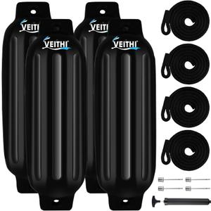 4.5/5.5/6.5/8.5/10/16 inch Boat Fenders 4 Pack,Ribbed Twin Eyes Vinyl Boat Bumpers Fenders,Boat Bumpers for Docking Come with Ropes Needles and Pump to Inflate (Black)