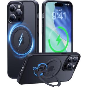 CASEKOO Patented 360 Spin Magnetic Stand for iPhone 14 Pro Max Case [Military Drop Protection] [Non-Slip Edge] [Compatible with MagSafe] Matte Shockproof Slim for 14 ProMax Case 6.7'', Black