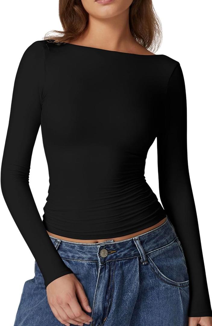 QINSEN Women's Sexy Open Back Long Sleeve Shirts High Neck Double Lined Tees Fitted Going Out Tops (Medium, Black)
