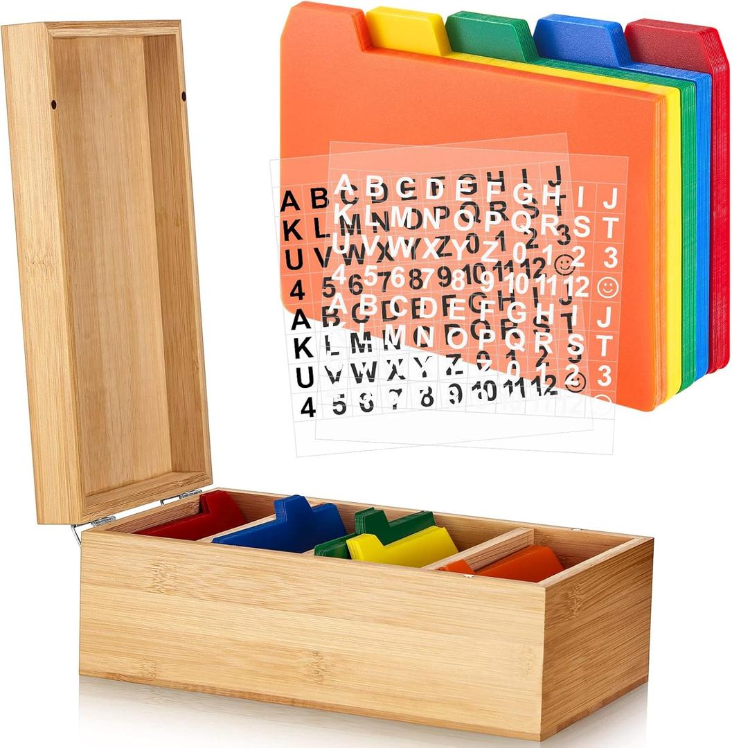 Henoyso 3 x 5 Inches Index Card Holder Set, Bamboo Recipe Box Organizer Index Cards Organizer, 50 Pcs Dividers 2 Sheets Alphabet Number Stickers File Note Holders for Office Business Home Kitchen (Wooden Color)