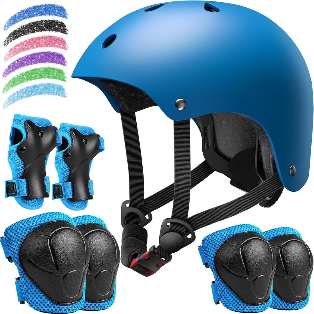 Kids Bike Helmet Set, Adjustable Helmet for Ages 2-3-5-8-14 Year Boys Girls, Toddler Pad Set with Knee and Elbow Pads for Bike, Roller, Skating, Scooter, Longboard and More Sports, (Blue)