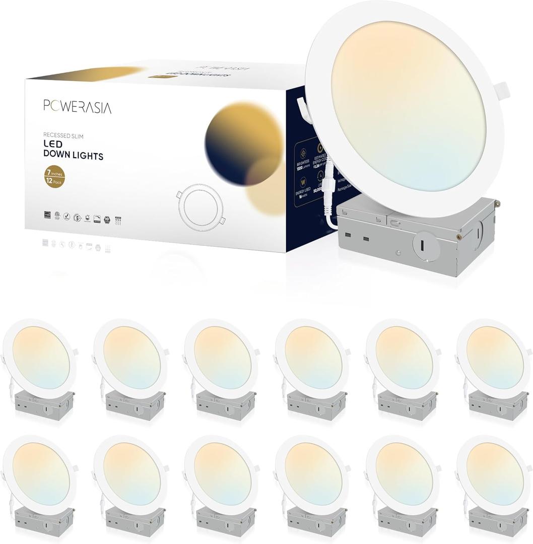 12 Pack Recessed Lighting 7 Inch with Junction Box, 5CCT 7 Inch LED Recessed Lights Dimmable 2700K/3000K/4000K/5000K/6000K, 16W 1300lm Ultra Thin Recessed Lighting - ETL and Energy Star Certified