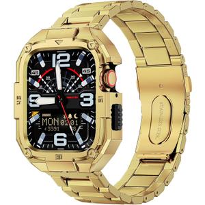 MOFREE Stainless Steel Watch Band with Case Compatible for Apple Watch 45mm Series 9/8/7 for Men, Rugged Strap with Metal Protective Bumper Cover for iWatch Band 45mm Gold