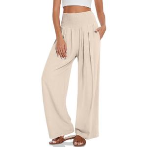UEU Women's Linen Palazzo Pants Wide Leg High Waisted Lounge Casual Beach Pants with Pockets (Large, Heather Light Khaki)
