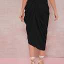 WDIRARA Women's Skirts Split Thigh Front Satin Skirt High Waist Ruched Zip Back WrapMidi Skirt (Black) XXL