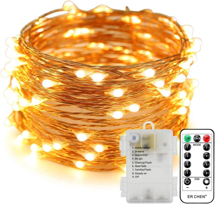 ER CHEN 8 Lighting Model Indoor and Outdoor Waterproof Battery Operated 100 LED String Lights on 33 Ft Long Ultra Thin Copper String Wire with 13 Key Remote Control(Warm White)
