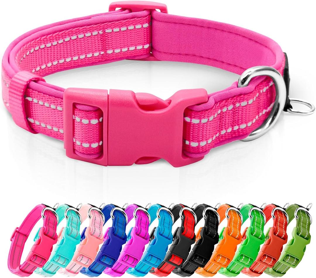 azuza Reflective Dog Collar,Soft Neoprene Padded Pet Collar with ID Tag Ring,Adjustable for Puppy and Small Dogs,Hot Pink,XS