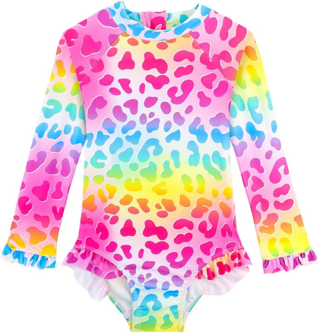 Baby Toddler Girl Long Sleeve Ruffle Swimsuit One Piece Zipper Rash Guard Bathing Suit with UPF 50+ Sun Protection (3-4T, Rainbow Leopard)