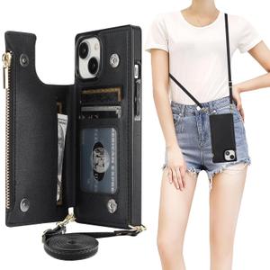 Bocasal Crossbody Wallet Case for iPhone 15 with RFID Blocking Card Slot Holder, Magnetic Flip Folio Purse Case, PU Leather Zipper Handbag with Detachable Lanyard Strap 6.1 Inch 5G (Black)