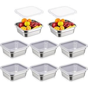 8 Pcs 1/6 Size Hotel Steam Table Pans with Lids, Stainless Steel Food Containers and PP Plastic Covers, Anti-clogging Steamer Pans for Buffet, Catering, Restaurant, and Food Prep (2.5" Deep)