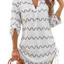 Blooming Jelly Womens Bathing Suit Cover Up Swimsuit Coverup Beach Dress Bikini Drawstring Swimwear Cover ups(Large, Color Block-White)