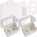 PRALB 50Pack White Paper Cupcake Boxes with Pvc Window and Two Treat Holder, Pastry and Cookie Box,Cupcake Containers Bakery Cake Box,Auto-Popup Cupcake Carriers Bakery Cake Box(6.3x3.5x3inch)