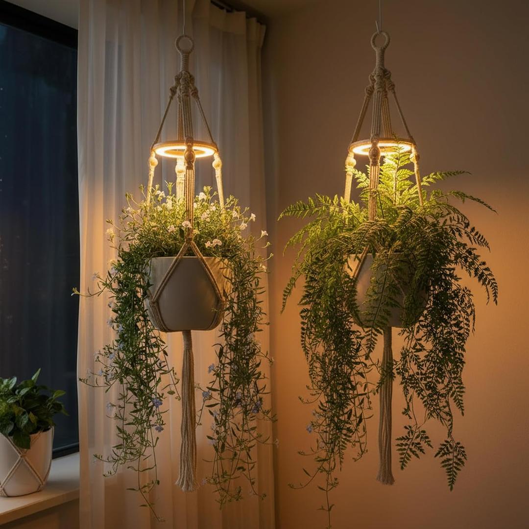 2 Pack Hanging Plant Grow Lights for Indoor Plants with Timer, Wall Mounted Full Spectrum Pendant Growing Light with Macrame Plant Hanger, Ceiling LED Planta Luz for Potted Plants Home Decor