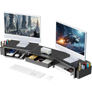 Gianotter Dual Monitor Stand Riser, Desk Organizer With Drawer and 2 Pen Holders, Computer Monitor Stand, Shelf for Top of Desk, Black
