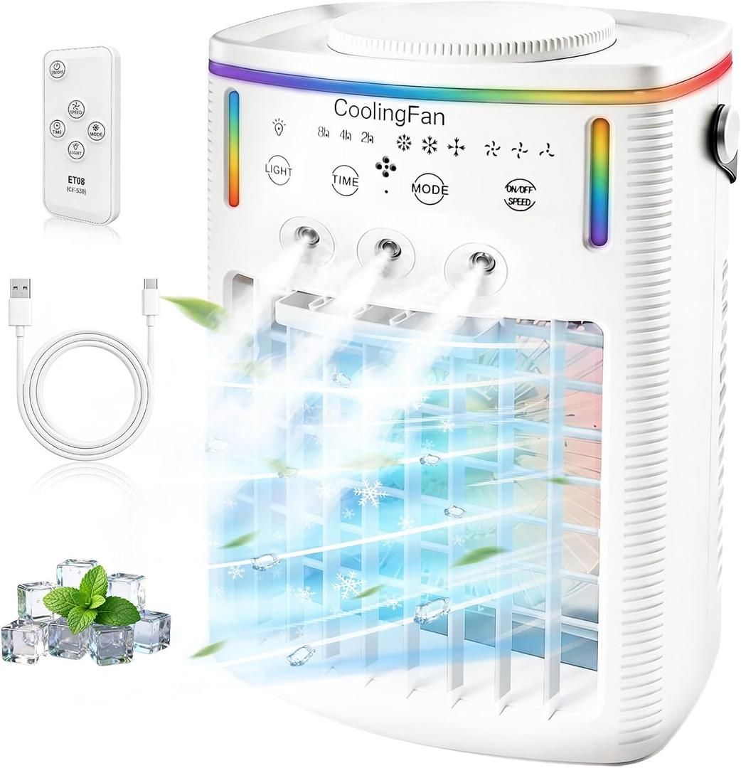 2026 New 1500ML Small Portable Air Conditioner, Portable AC for Car, Cooling Fan for Bedroom with 3 Modes & 3 Speeds, 7-Color LED Light & Remote Control for Office, Camping & Travel (1PCS)
