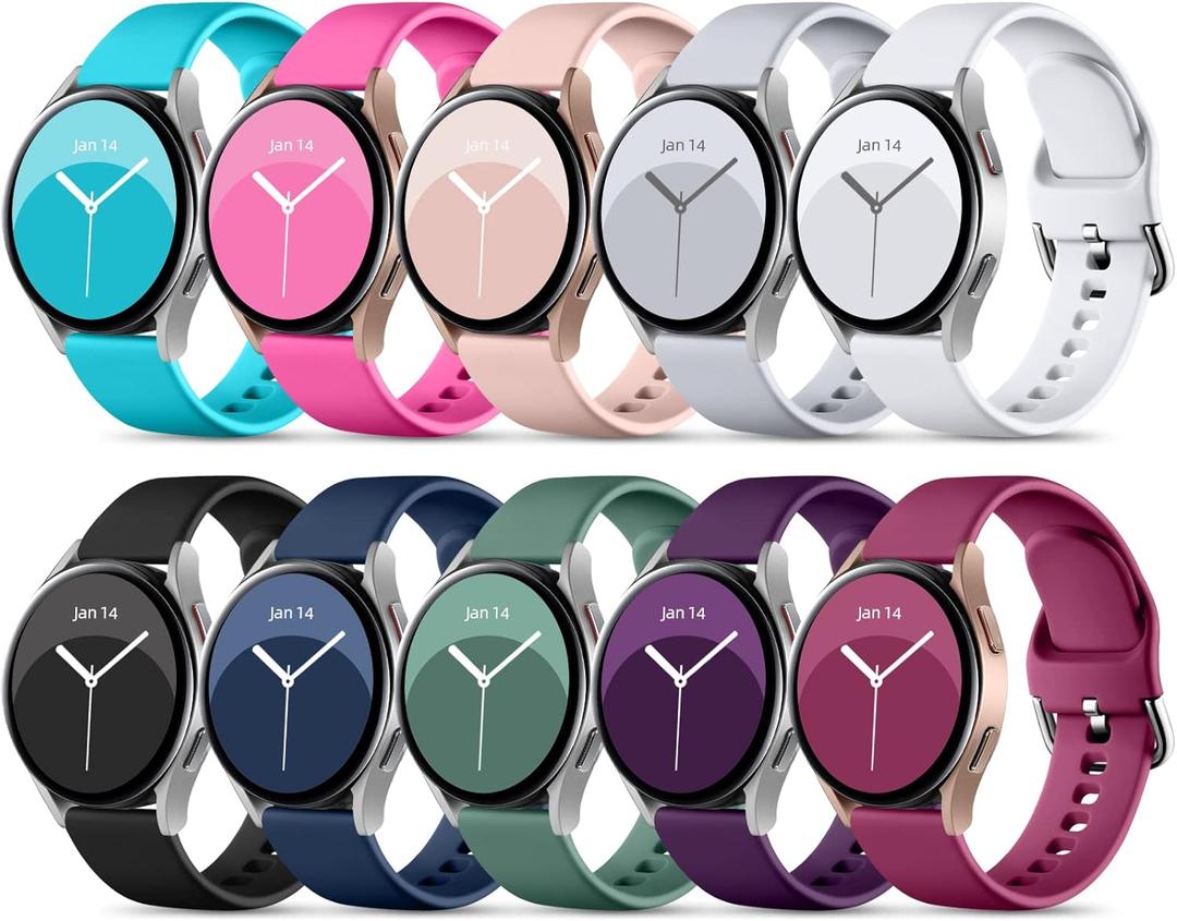 DaQin 10 Pack Bands Compatible with Samsung Galaxy Watch 7/6/5/4 40mm 44mm/Watch 6 Classic 43mm 47mm/Watch 5 Pro 45mm/Watch 4 Classic/Active 2 Band, 20mm Soft Silicone Sport Strap Wristbands Women Men (Small, Black/Navy Blue/White/Gray/Fuchsia/Plum/Pink Sand/Pine Green/Teal/Rose)