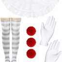 Jecery 6 Pcs Women's Creepy Clown Halloween Costume Accessories Gloves, Collar, Pompoms, Thigh Stockings for Cosplay Party