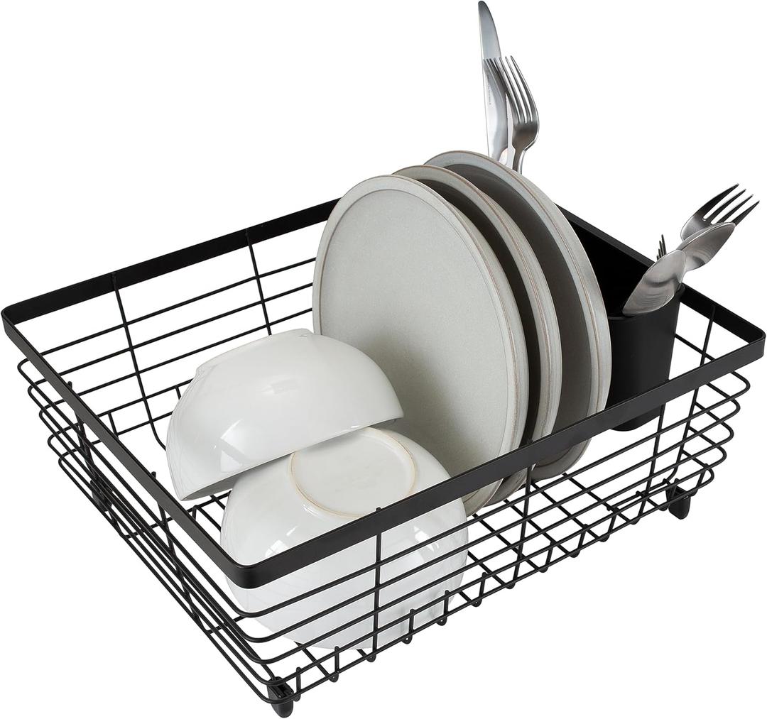Kitchen Details Flat Wire Countertop or Over The Sink Dish Drying Rack with Cutlery Basket | Holds up 10 Dishes | Mugs | Kitchen Accessories | Black