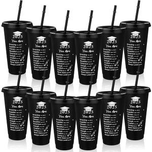 Skylety 12 Pcs 2025 Graduation Christian Tumblers 24 oz Grads Plastic Cups Bulk with Lids and Straws Senior Night Gifts Graduation Cups Class of 2025 Gifts for Women Men Black