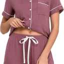 Veseacky Womens Pajamas Set Short Sleeve Sleepwear Button Down Pjs Comfy 2 Pieces Soft Lounge Set (Purple, L)