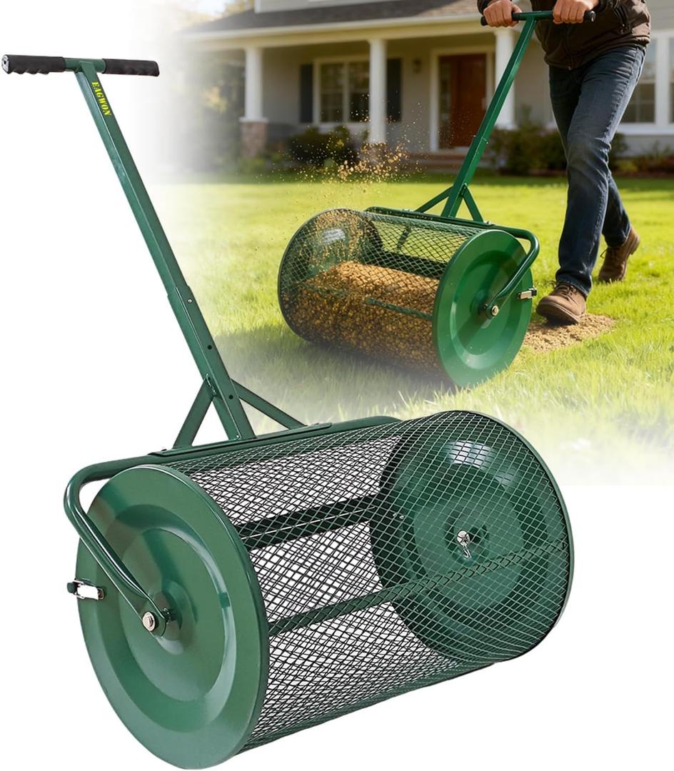 Compost Spreader, 24" Peat Moss Spreader, Roller Lawn Spreader with 3 Heights T Shaped Handle, Side Latches Powder Coated Steel Mesh Basket, Lawn & Garden Spreader for Spreading Manure Topsoil, Green